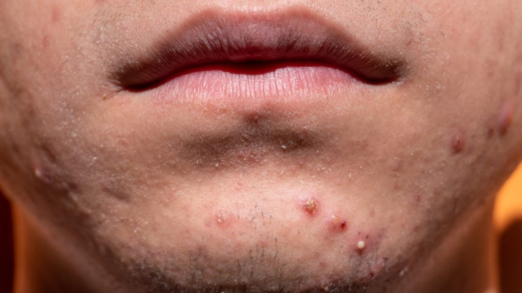 ニキビ、吹き出物が発生した男性の顎部分